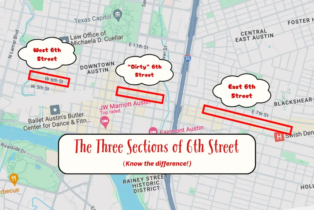 nightlife map of 6th street in austin, texas - where to go out